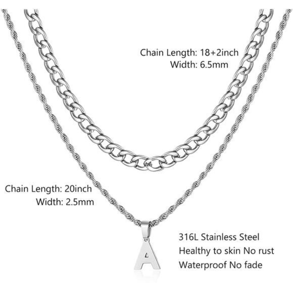 Layered Initial A-Z Letter Necklace for Men Stainless Steel Figaro Twist - Picture 3 of 6